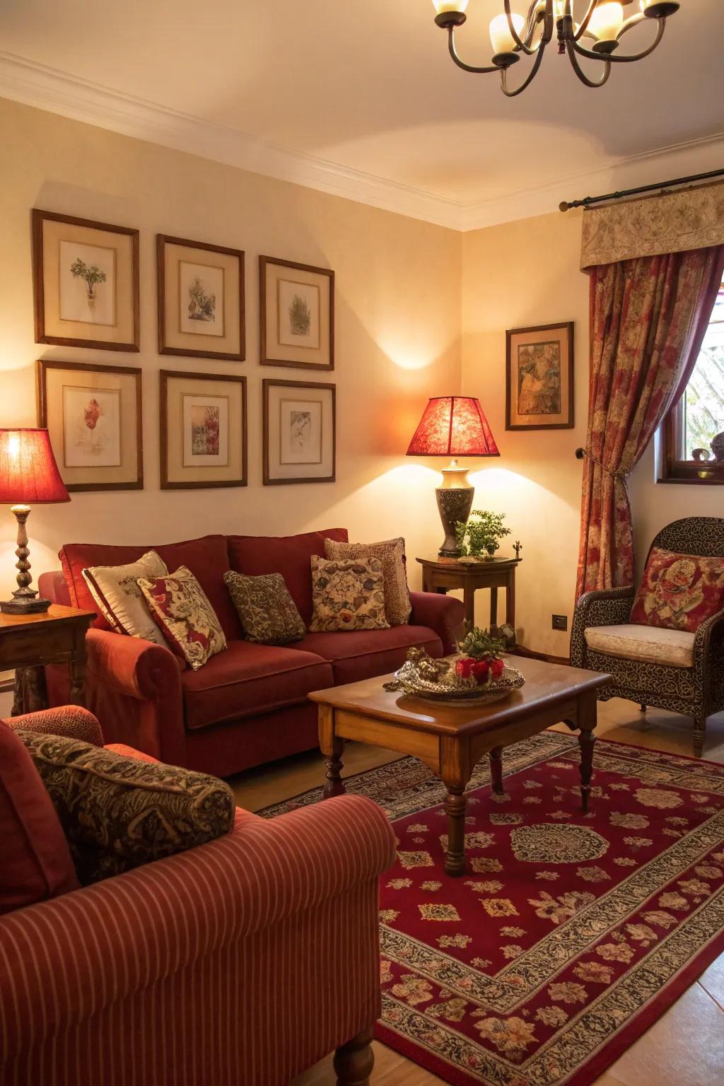 Soft lighting heightens the cozy vibe of a red and brown living area.