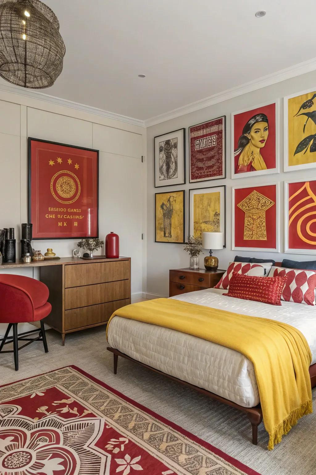 Artistic creations in crimson and gold function as a focal element, interconnecting the room's design facets.