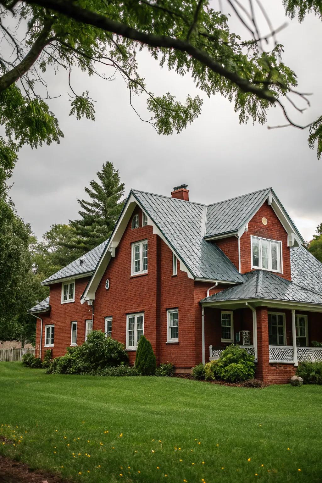 A gabled roof bestows character upon this red brick house.