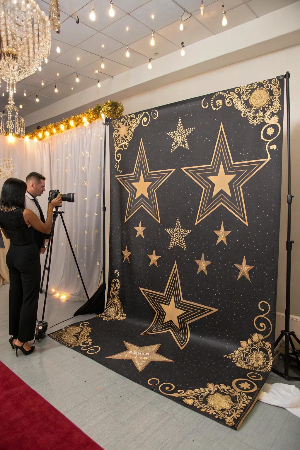 A customized photo background presents a delightful area for guests to capture lasting memories.