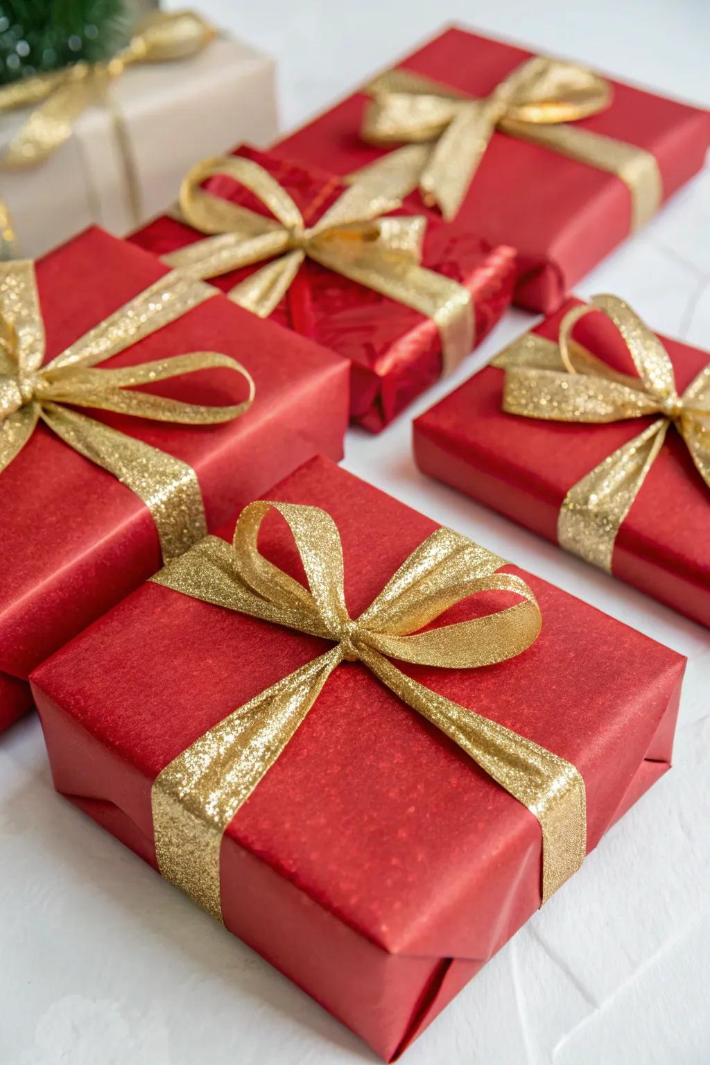 Exquisitely wrapped gifts in celebratory scarlet and gold.