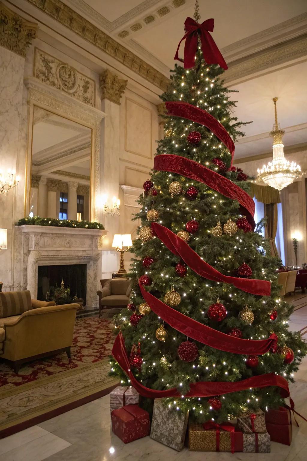 Opulent Christmas tree featuring scarlet velvet bands