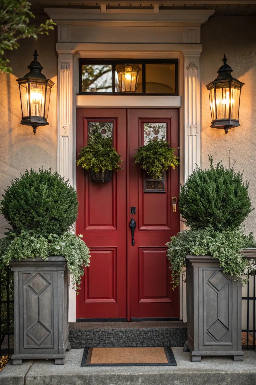 Symmetrically styled red entrance with coordinating décor elements.