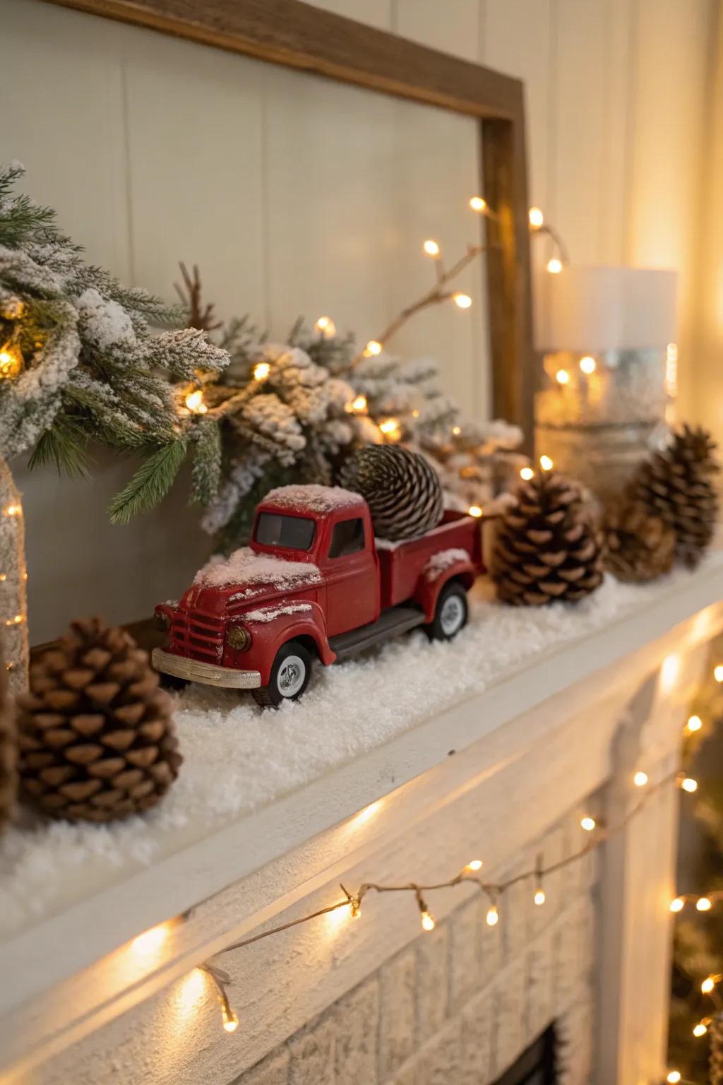Inviting ledge adorned with a crimson pickup and festive accents.