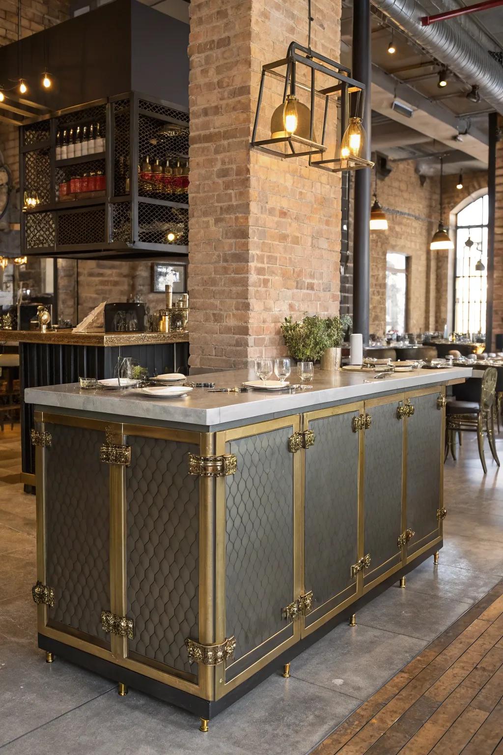 Metal details infuse refined industrial style into your reception desk.