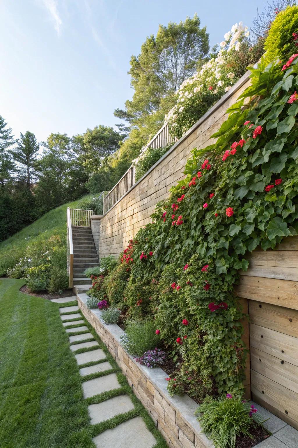 Retaining structures are brought to life and color by living walls.