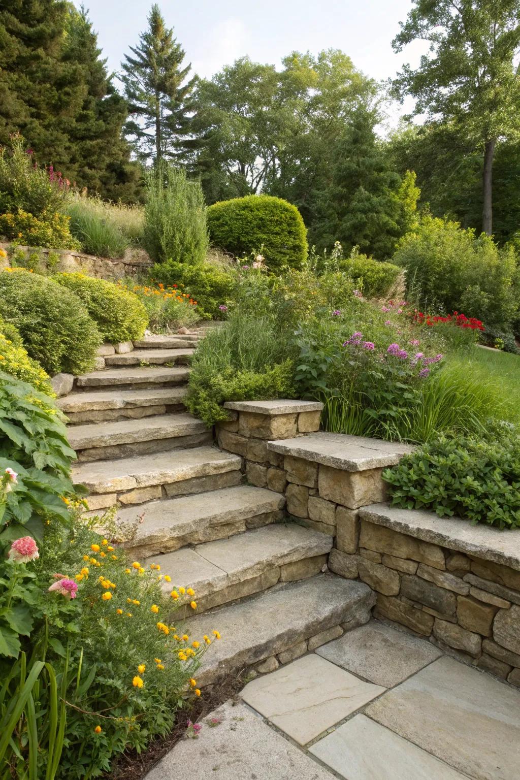 Integrated steps augment both utility and beauty to retaining walls.