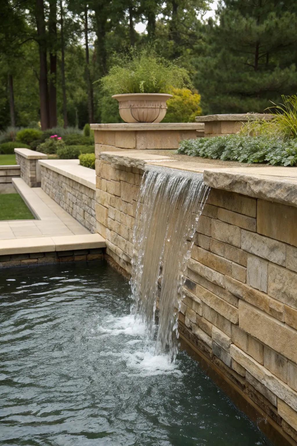 Waterfall feature seamlessly integrated into a retaining wall for a spa-inspired ambiance.