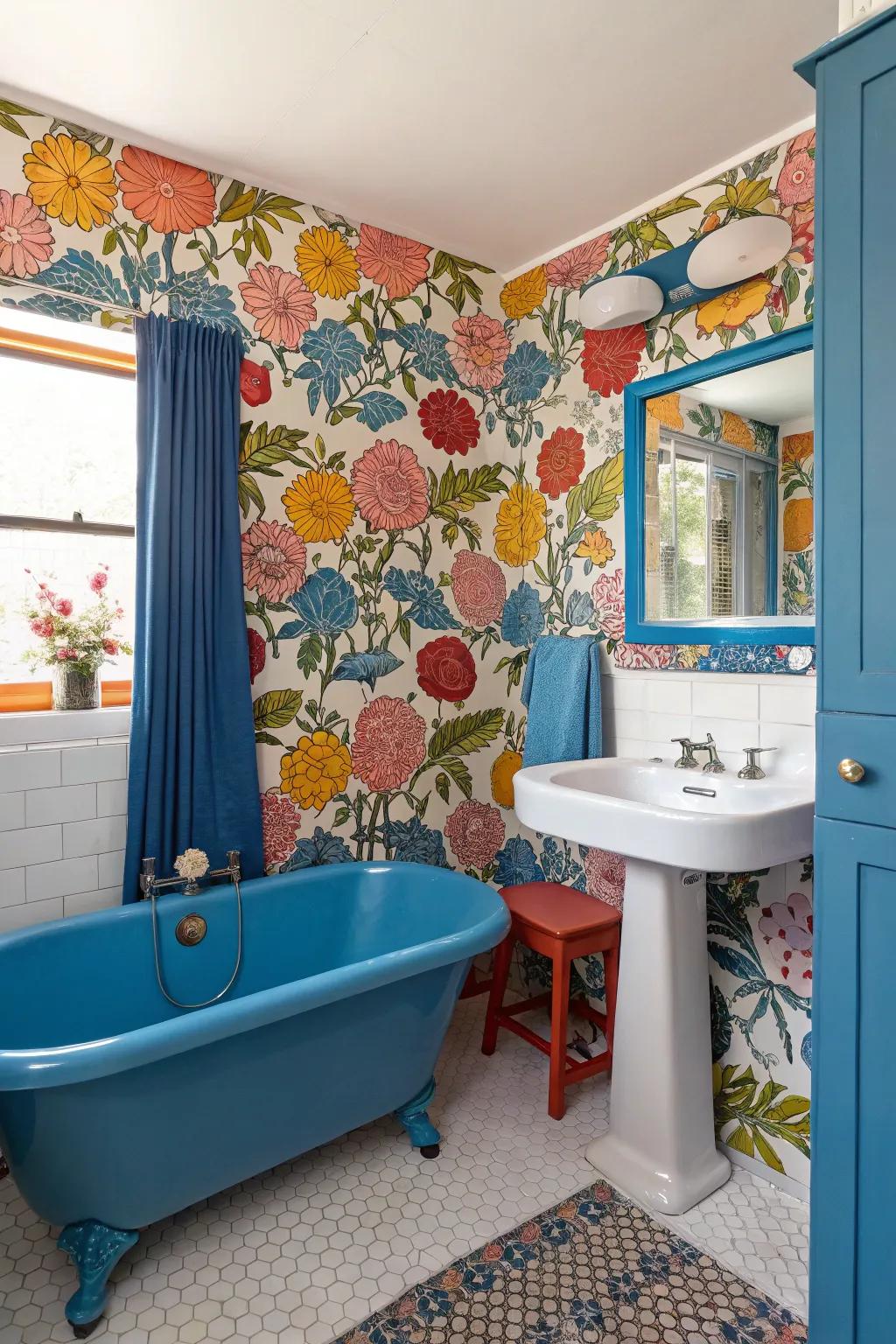 Botanical wall covering brings a dramatic flair to the bathroom.