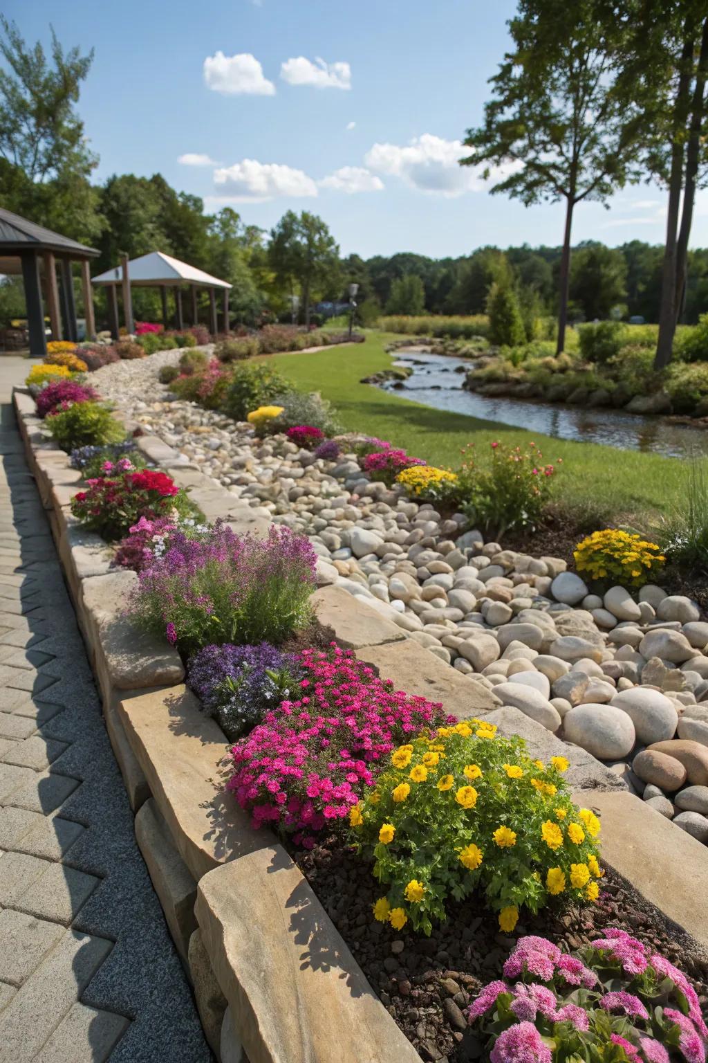 Shoreline stone borders impart structure and sophistication to thriving elevated gardens.