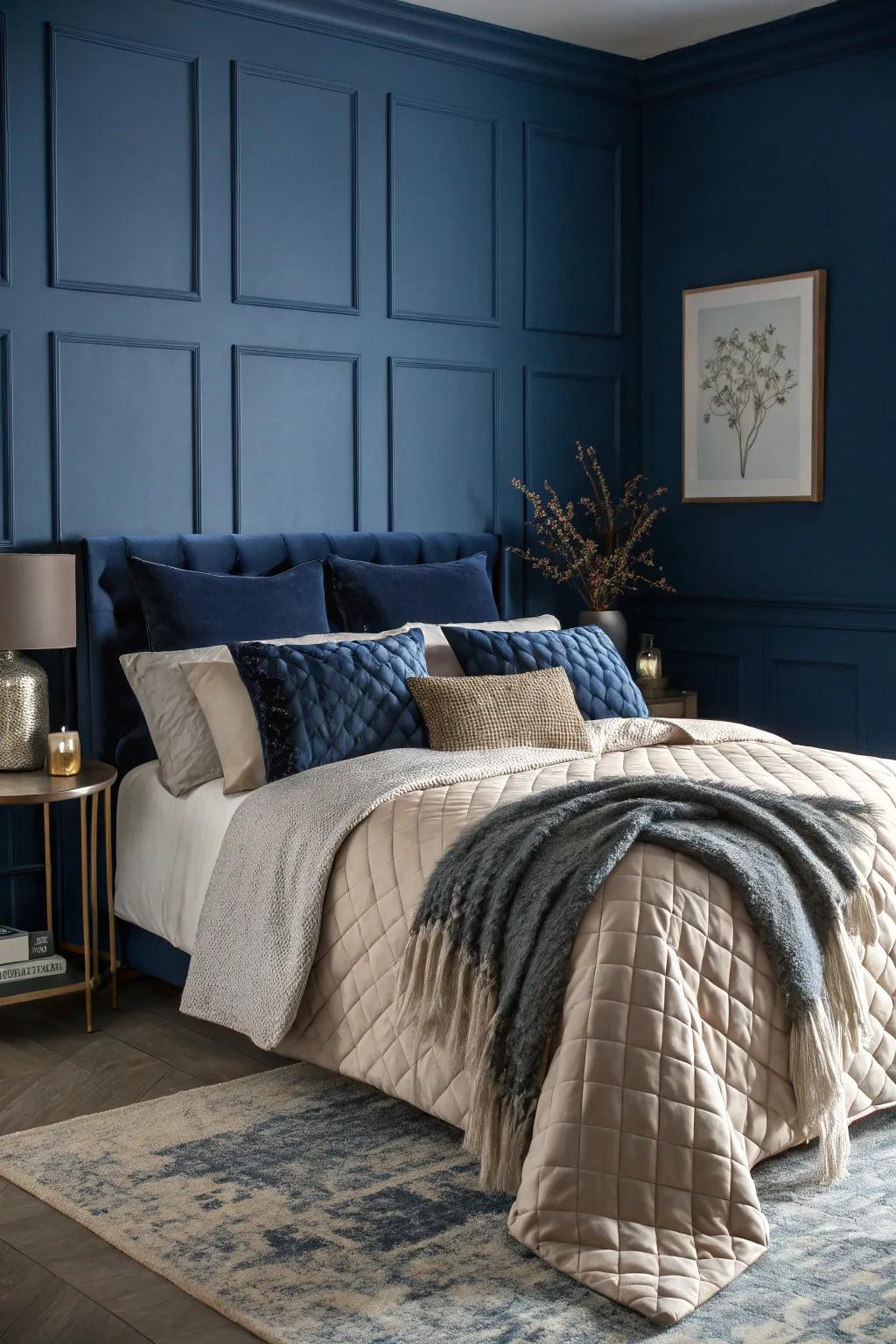 Layered textures amplify the snugness of a room dominated by deep indigo.