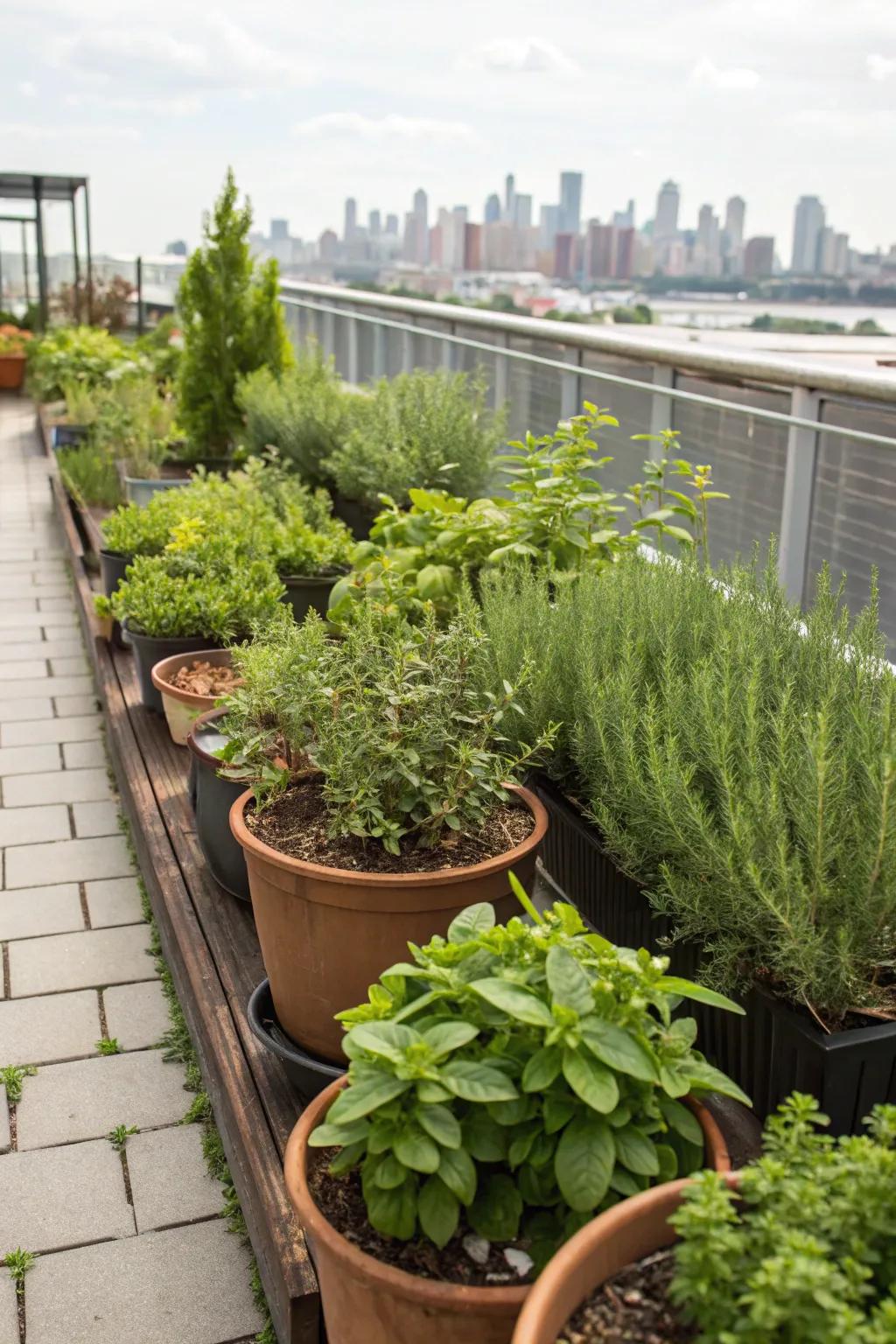 A rooftop aromatic herb collection yields fresh flavors and delightful scents.