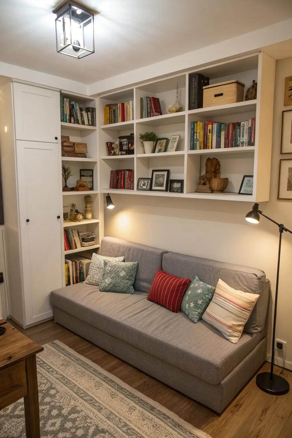 A utilitarian layout featuring multi-purpose furniture and storage solutions.
