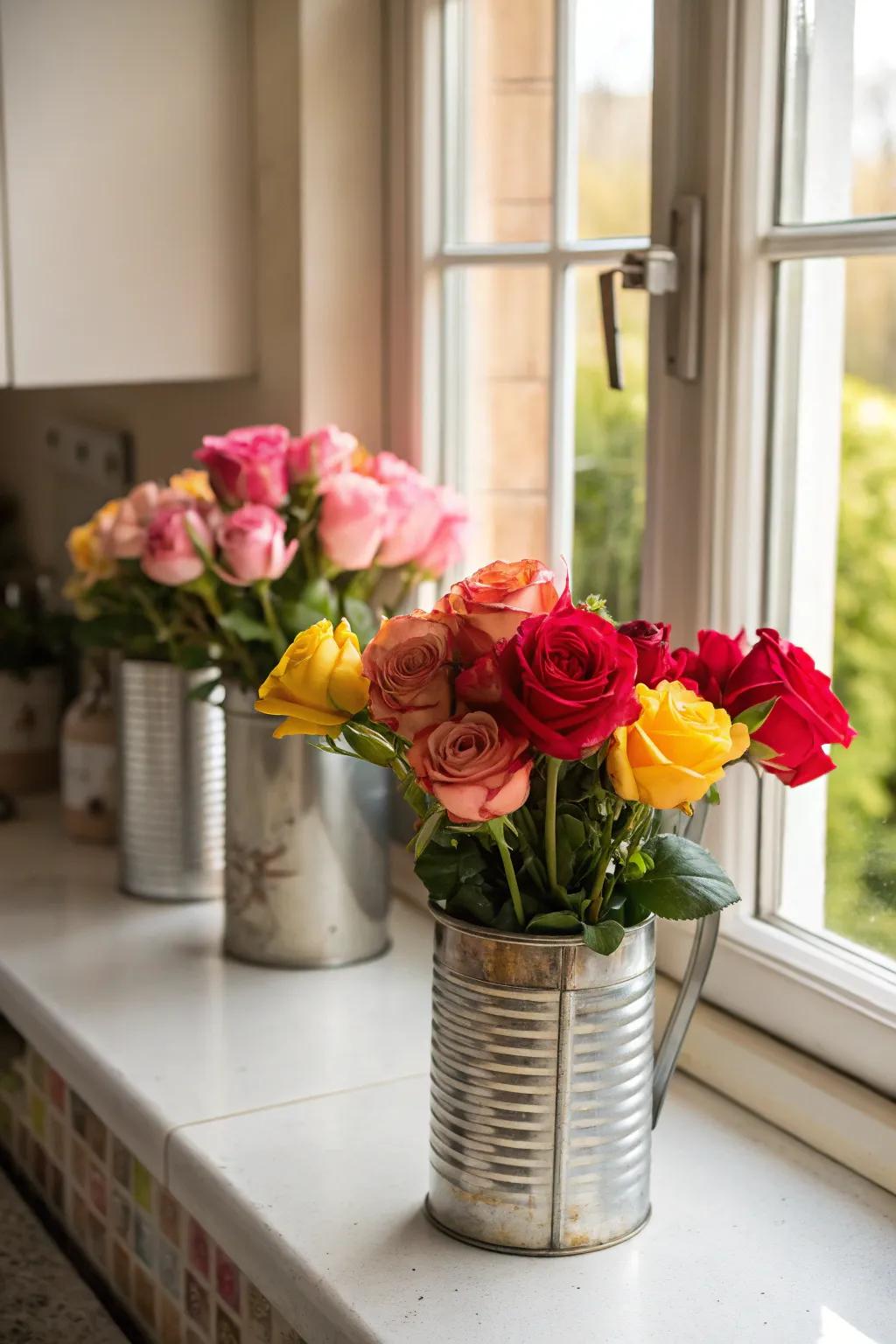Eccentric attraction through aged tin containers and colorful roses.