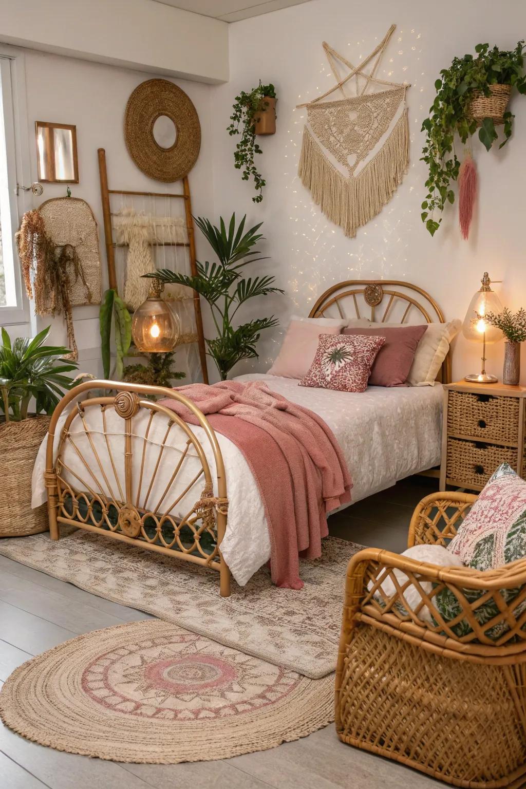 Wicker and rose gold entwine to fashion a tranquil, bohemian-inspired haven.