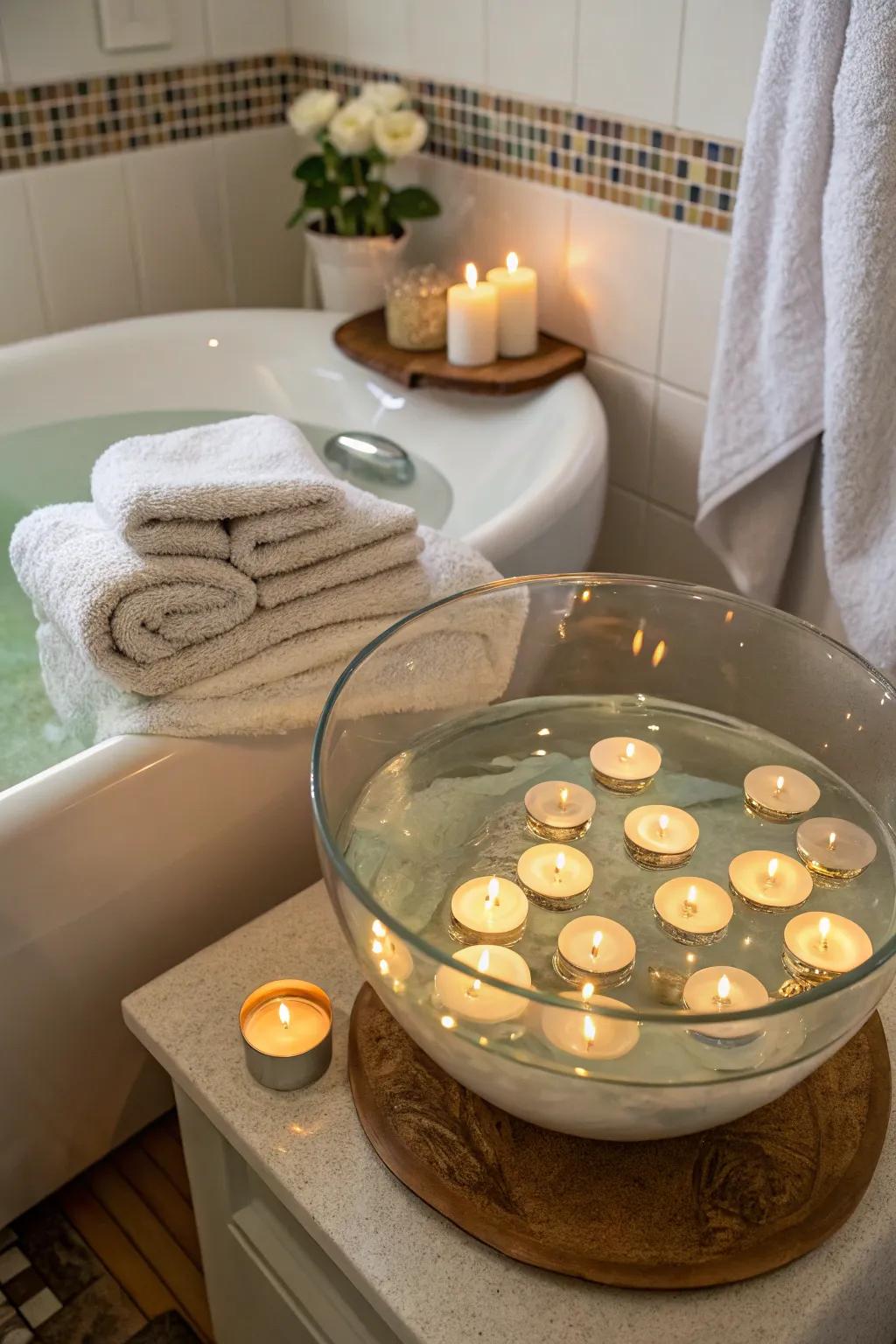 Buoyant candles within a glass vessel deliver a soothing and tranquil atmosphere.