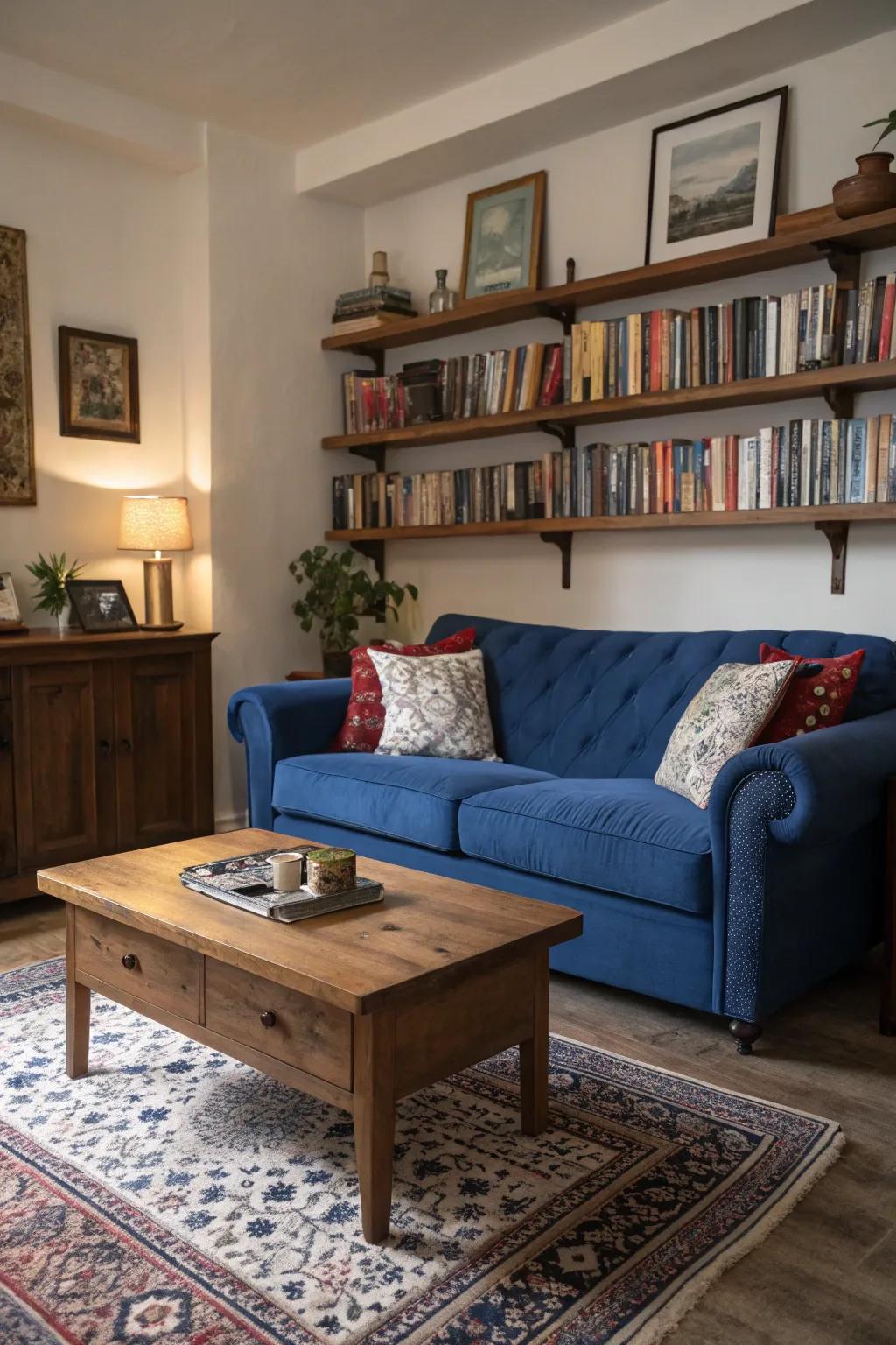 Timber components fashion a warm contrast with the sapphire settee, accentuating the room's comfort.