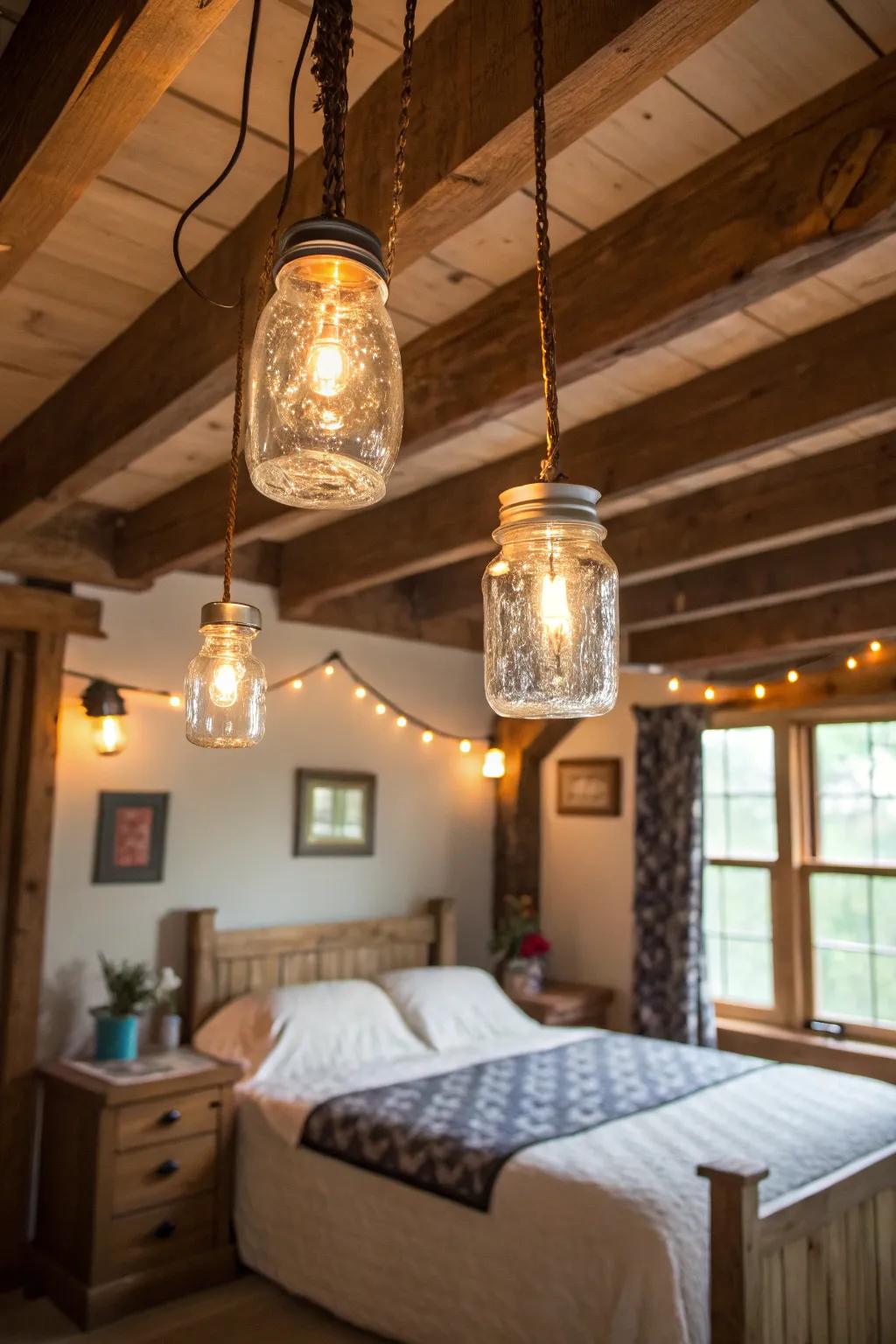 Canning jar lighting casts a snug, countryside glow.