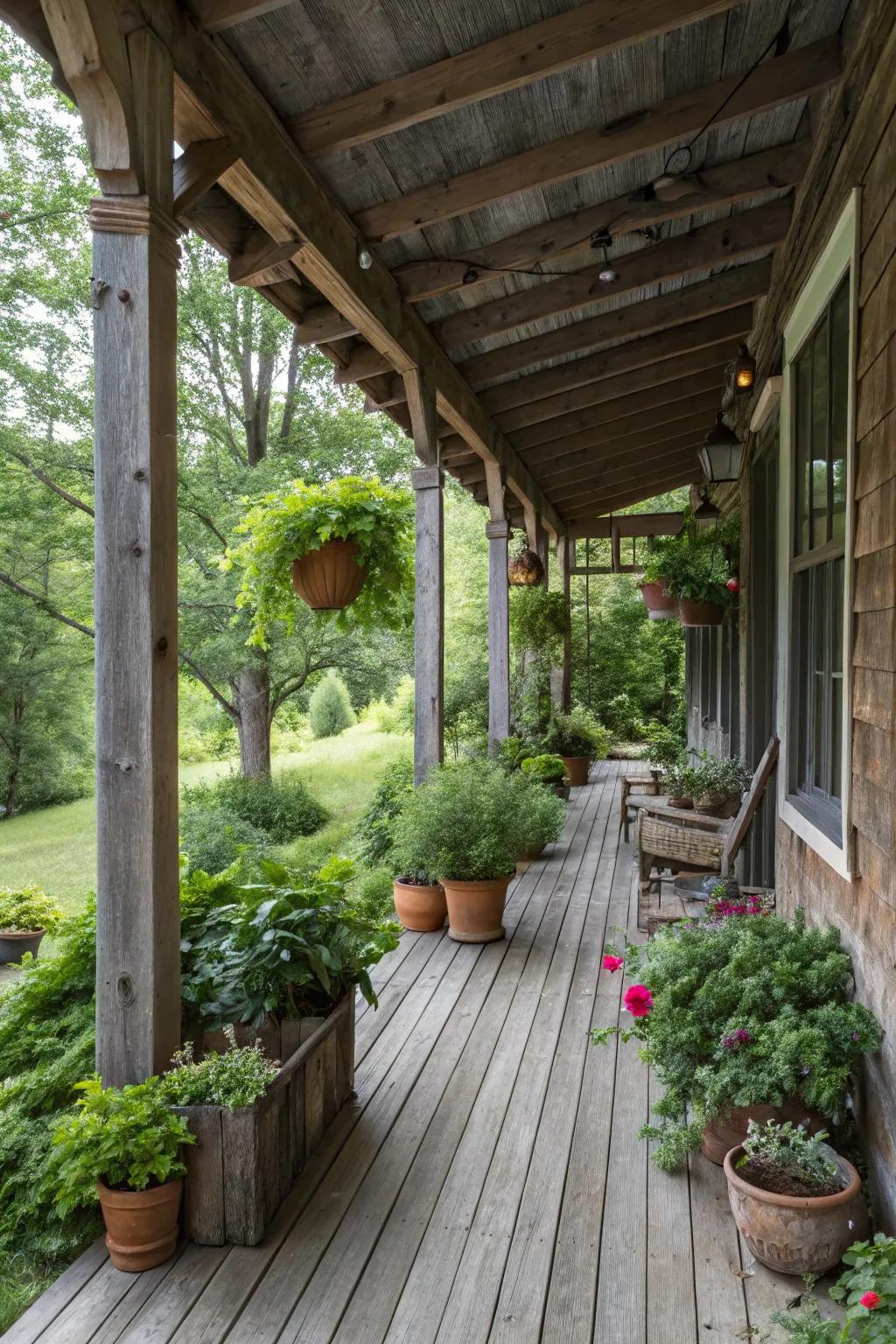 Opulent contained vegetation brings vitality and color to your rustic porch.