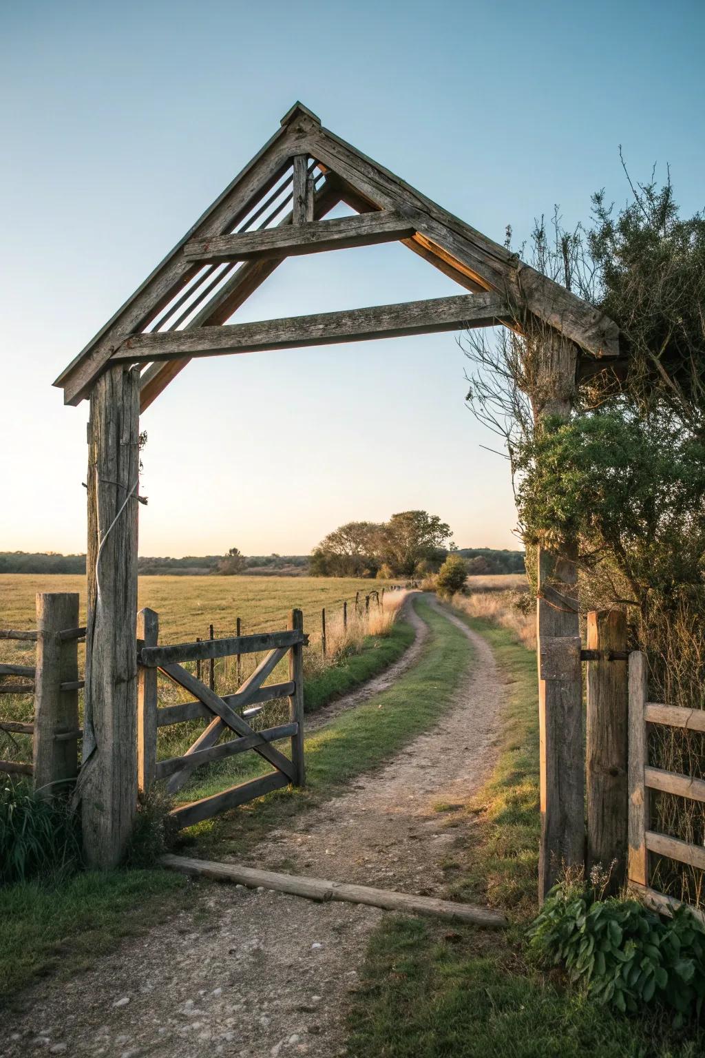 A striking A-frame canopy atop a rural portal.