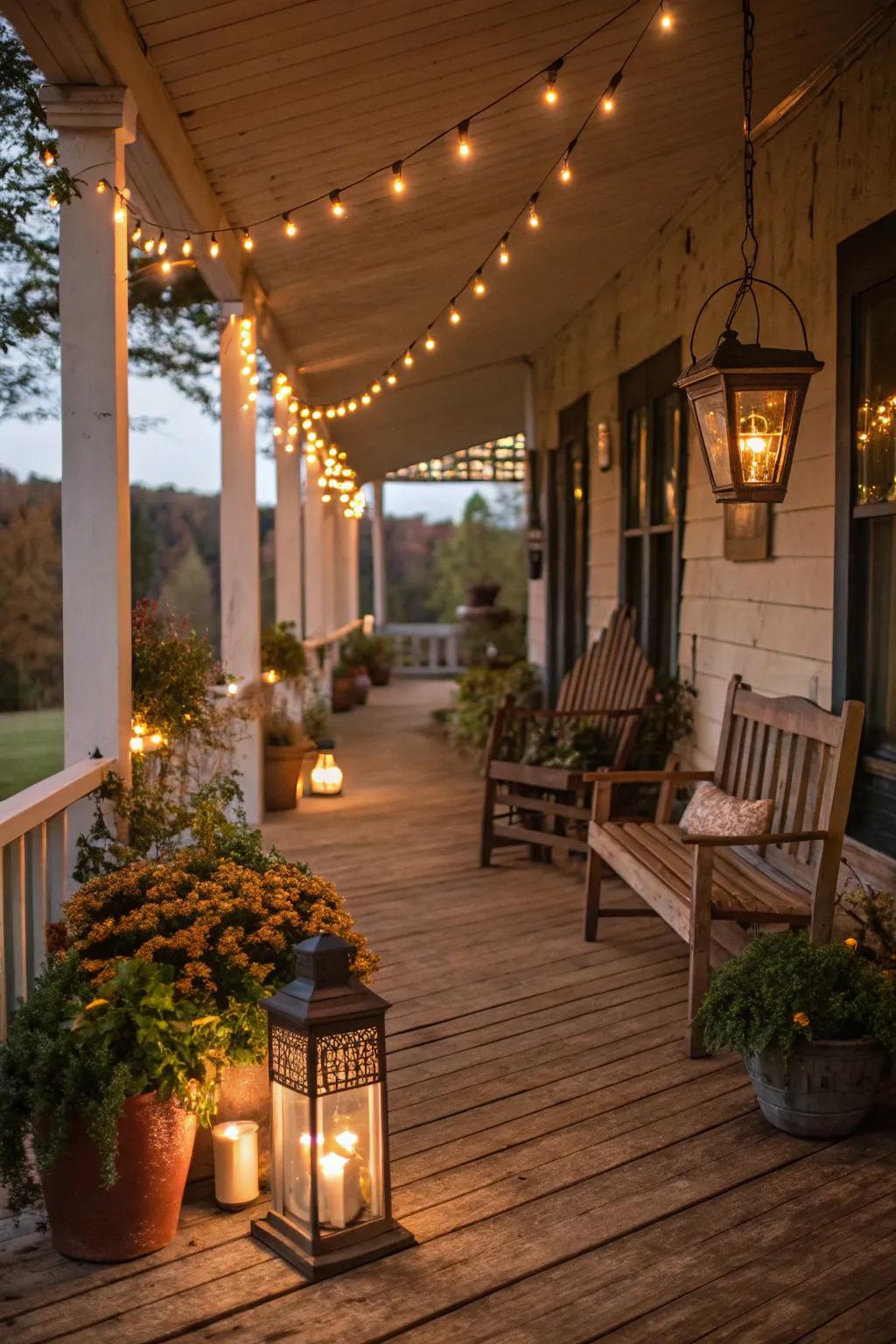 Candle lights and fairy lights create a warm, enchanting mood on a rustic veranda.