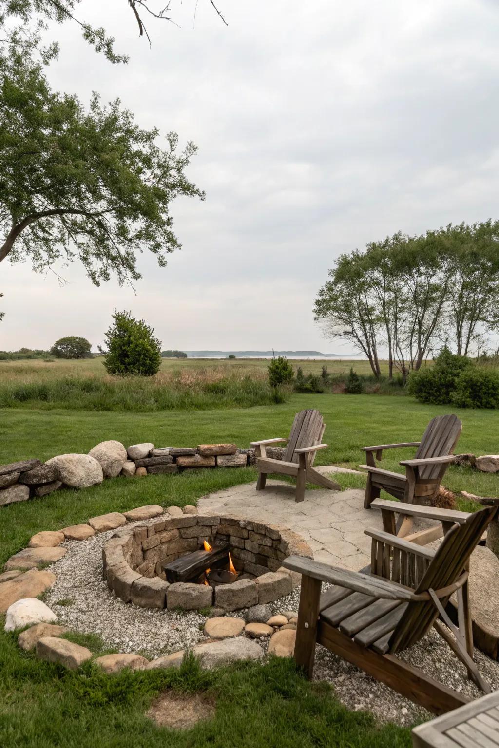 A naturalistic fire enclosure beckoning snug evenings outdoors.