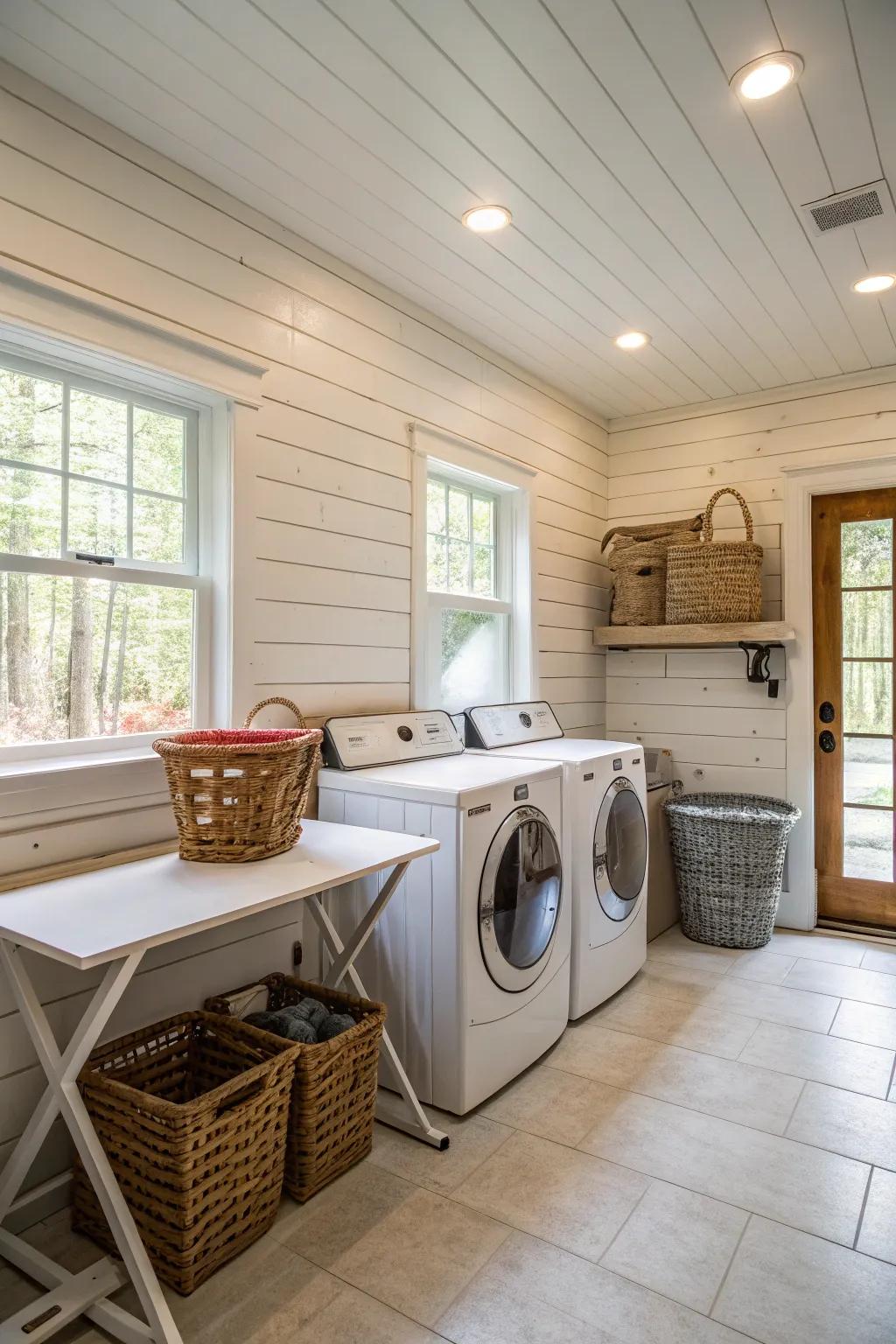 Textured walls like plank paneling add depth and farmhouse design.