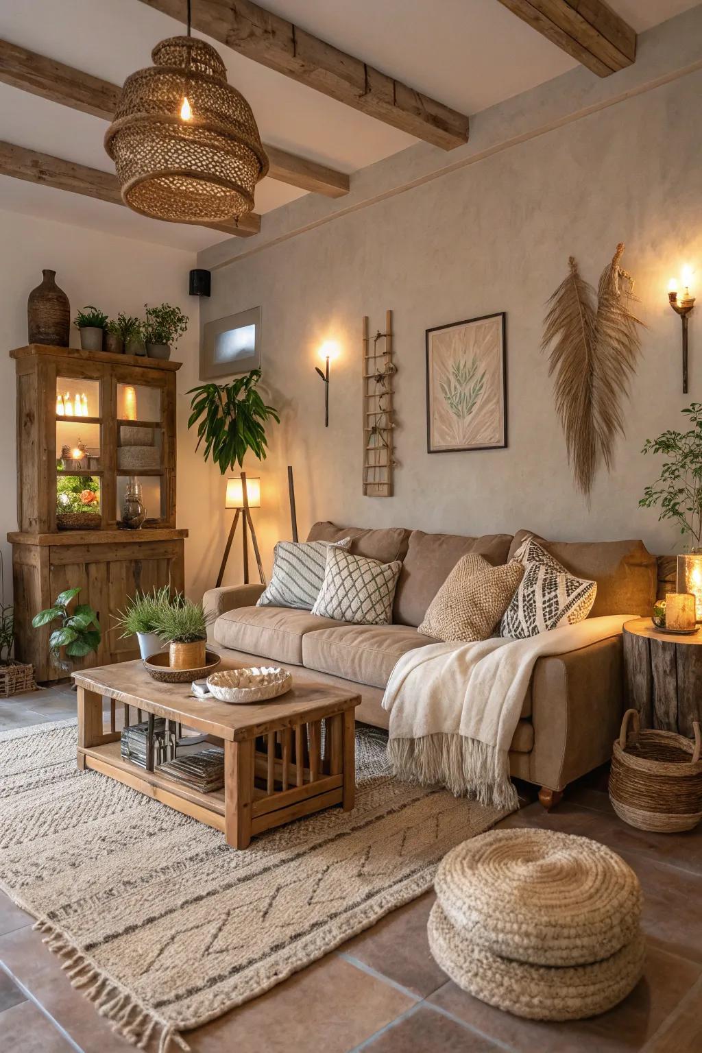 Neutral colors fashion a soothing and inviting ambiance within rustic living rooms.