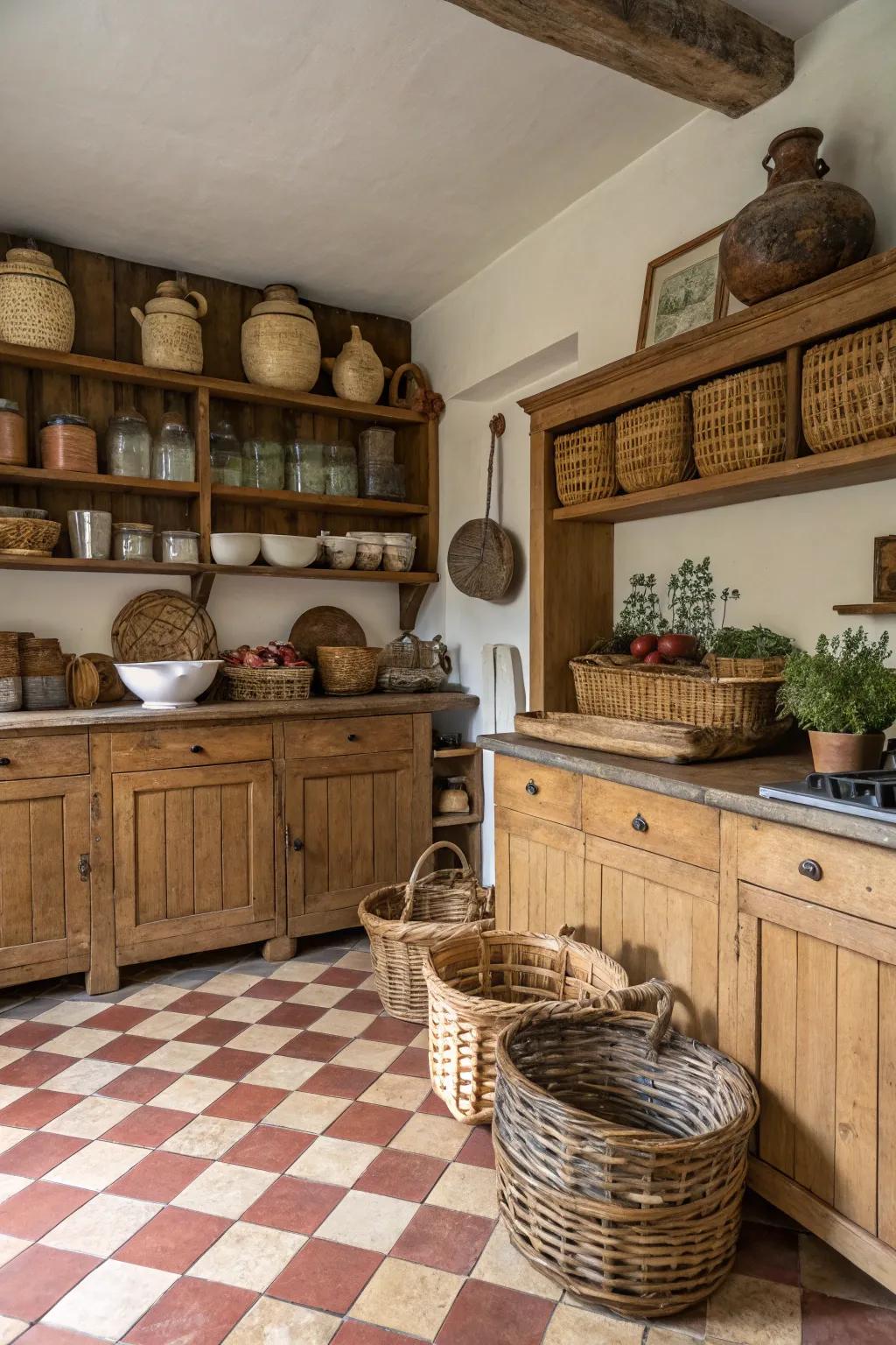 Stoneware and interwoven vessels append primitive allure to this cooking area.