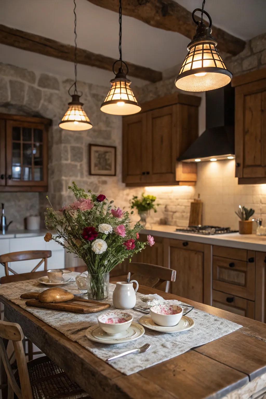 Classic lighting fixtures introduce a nostalgic charm to the kitchen.