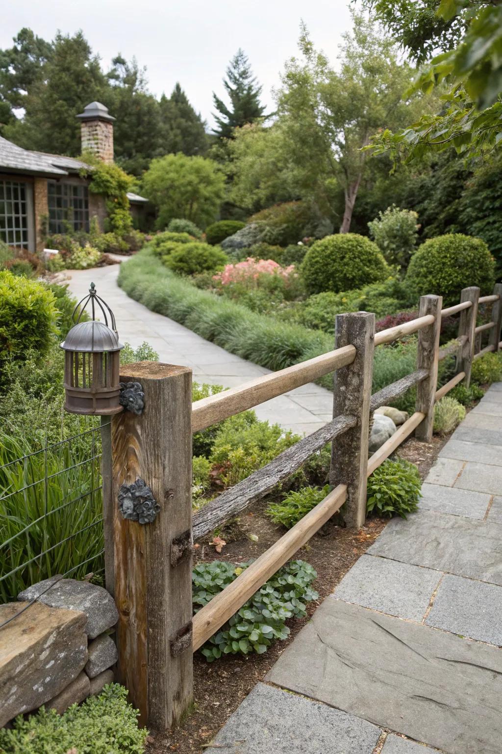 A cutting edge provincial split rail fence with metal emphasizes.