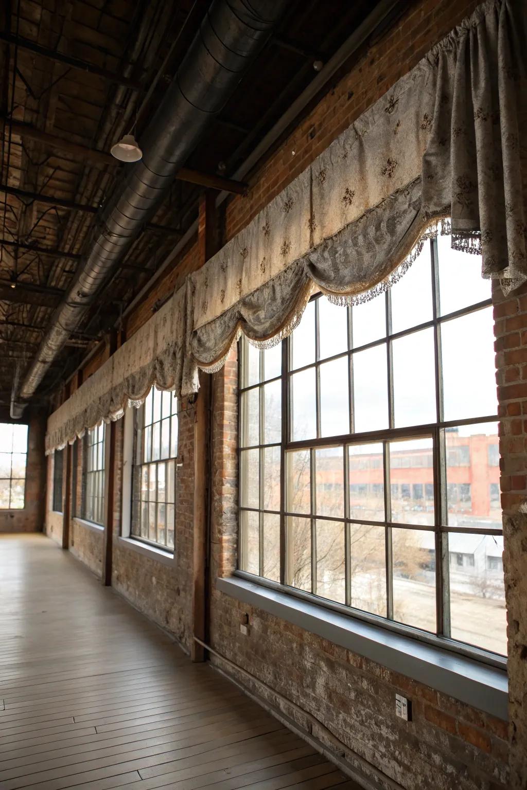 An industrial-chic space with a weathered metal valance lending a rugged impression.