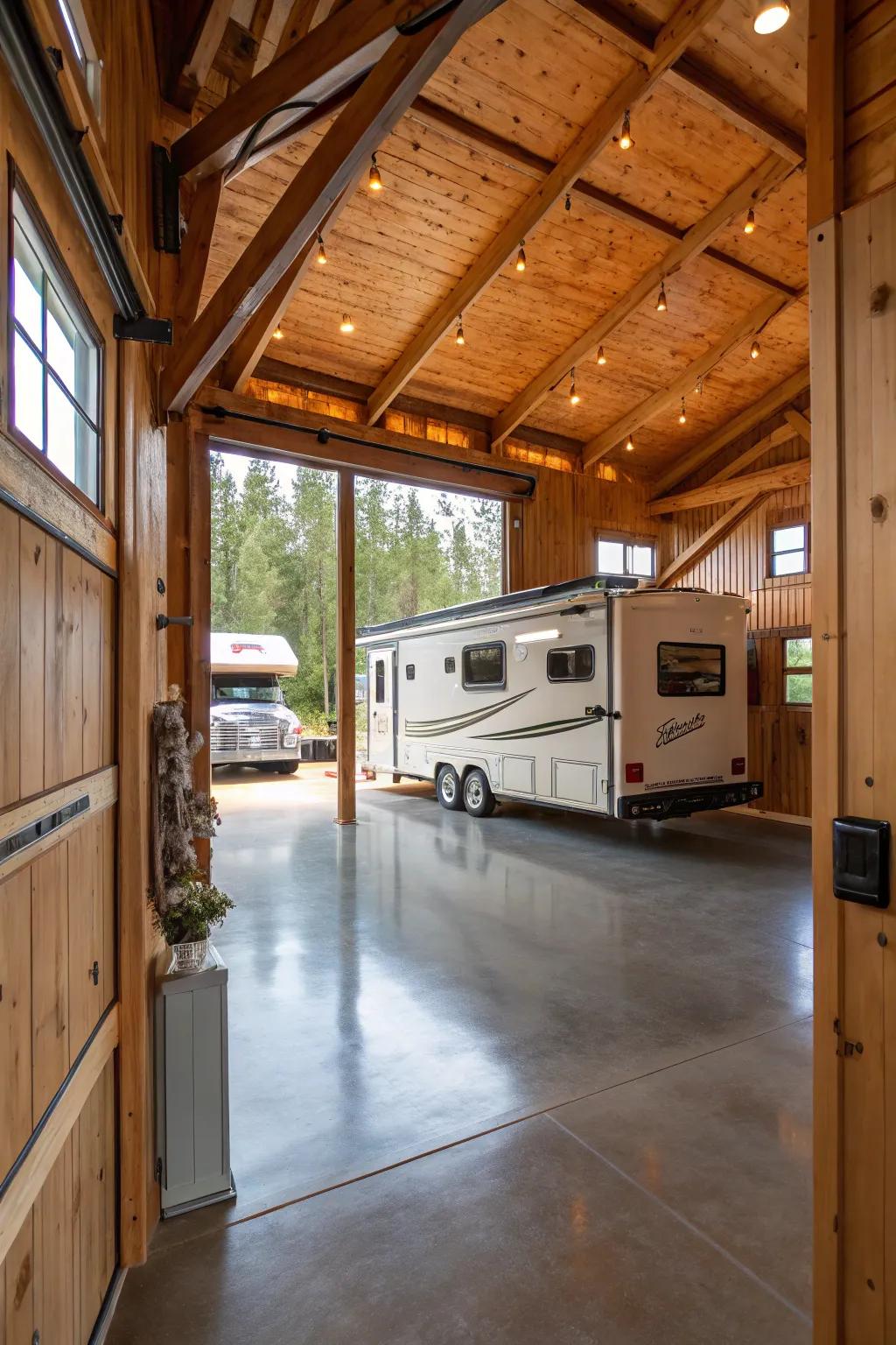 Rustic elements enhance an RV garage with upcycled wood and soft, natural hues.