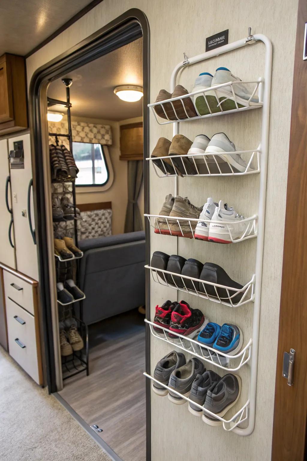 Wall-affixed wired platforms provide a stylish approach to shoe arrangement.