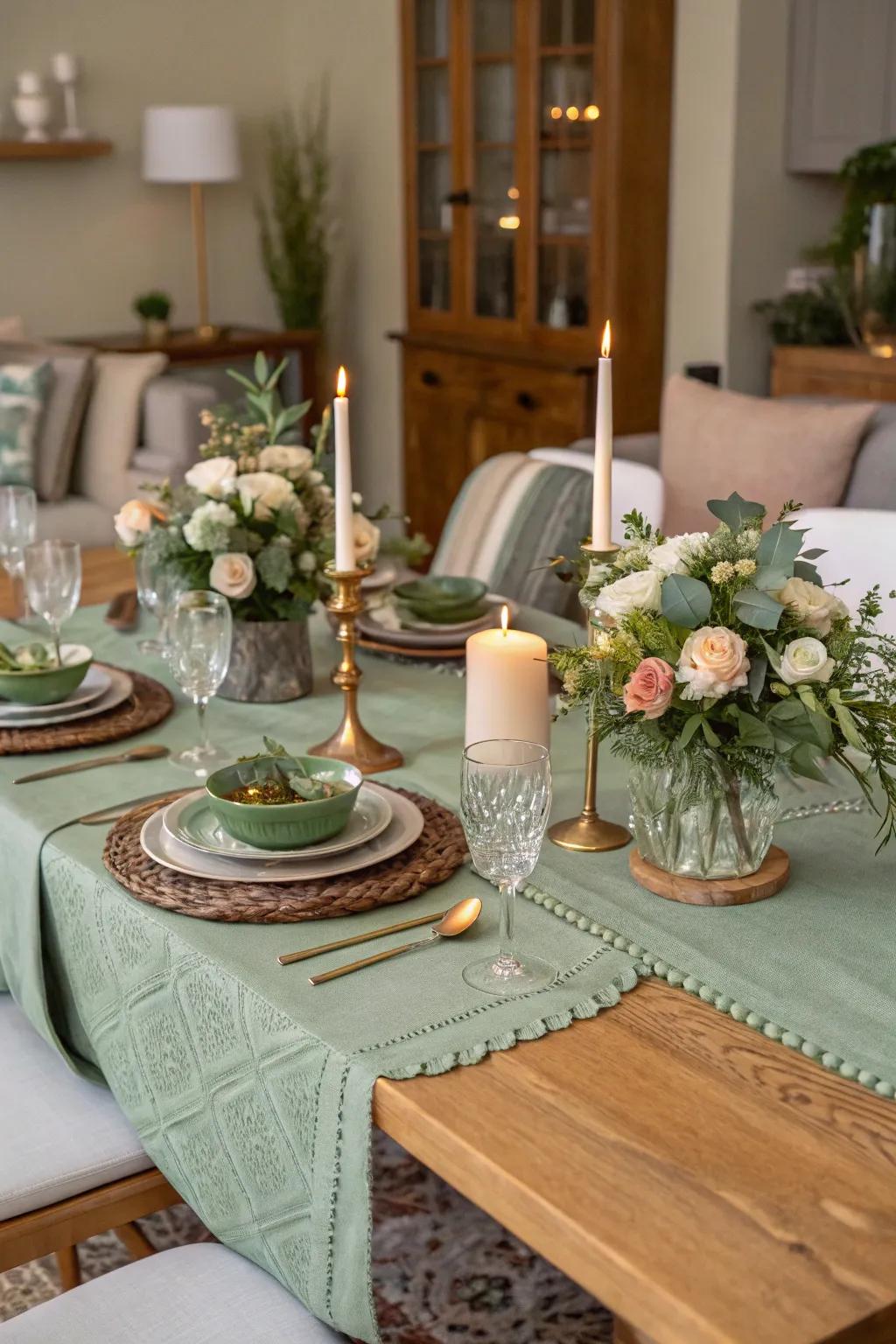 A verdant table runner exquisitely bringing unity to your tabletop decor.