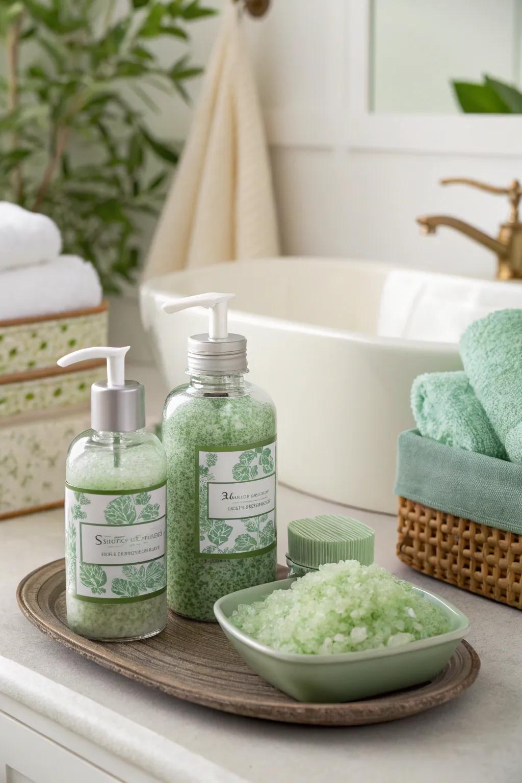 A sage green spa collection transforms bath time into a lavish escape.