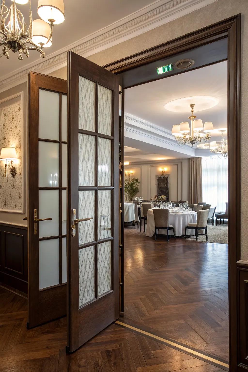 Elegance and privacy converge with frosted glass saloon doors.