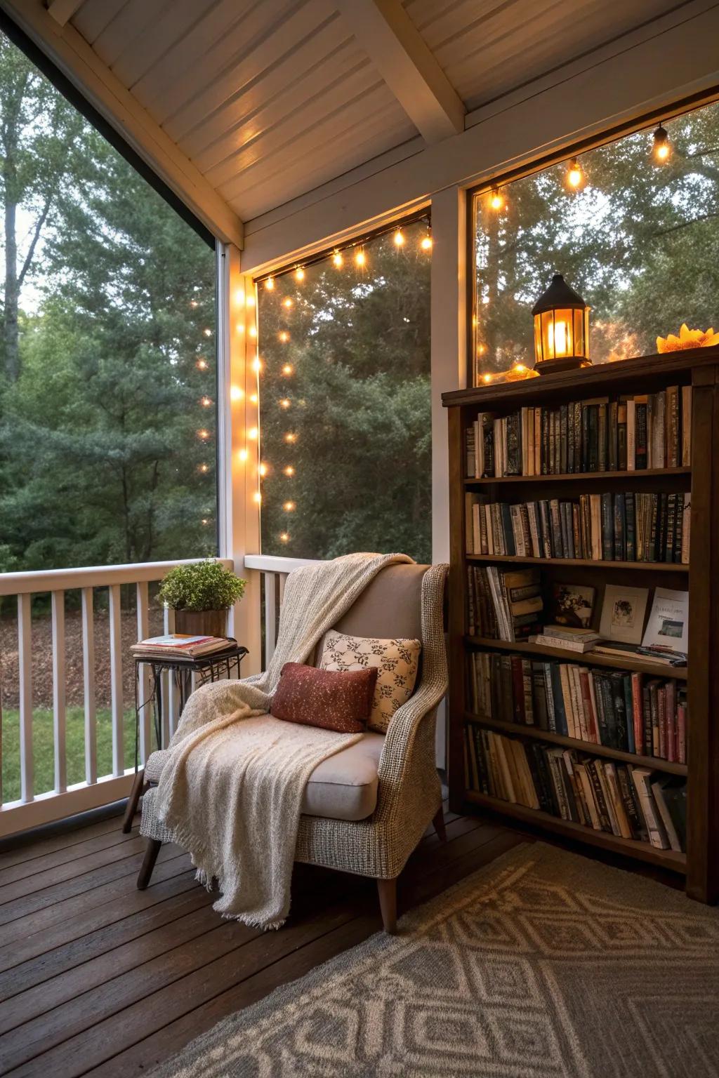 A reading alcove on the porch provides a serene escape for bibliophiles.