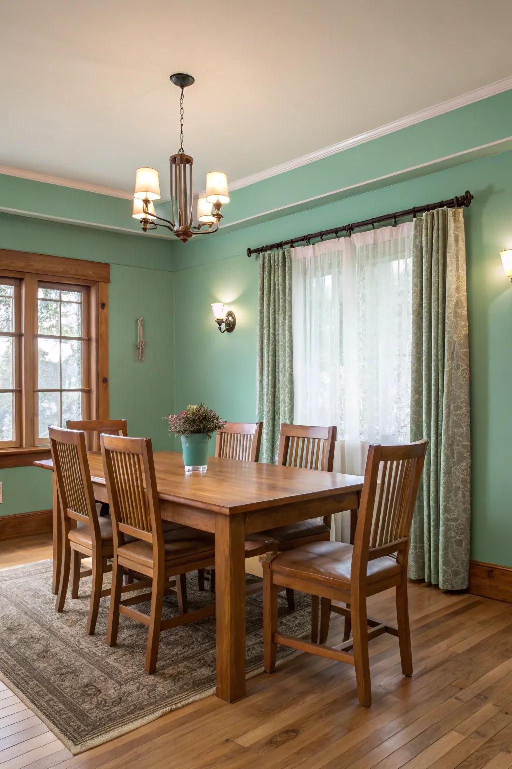 An elegant dining room featuring seafoam green painted walls and refined furnishings.