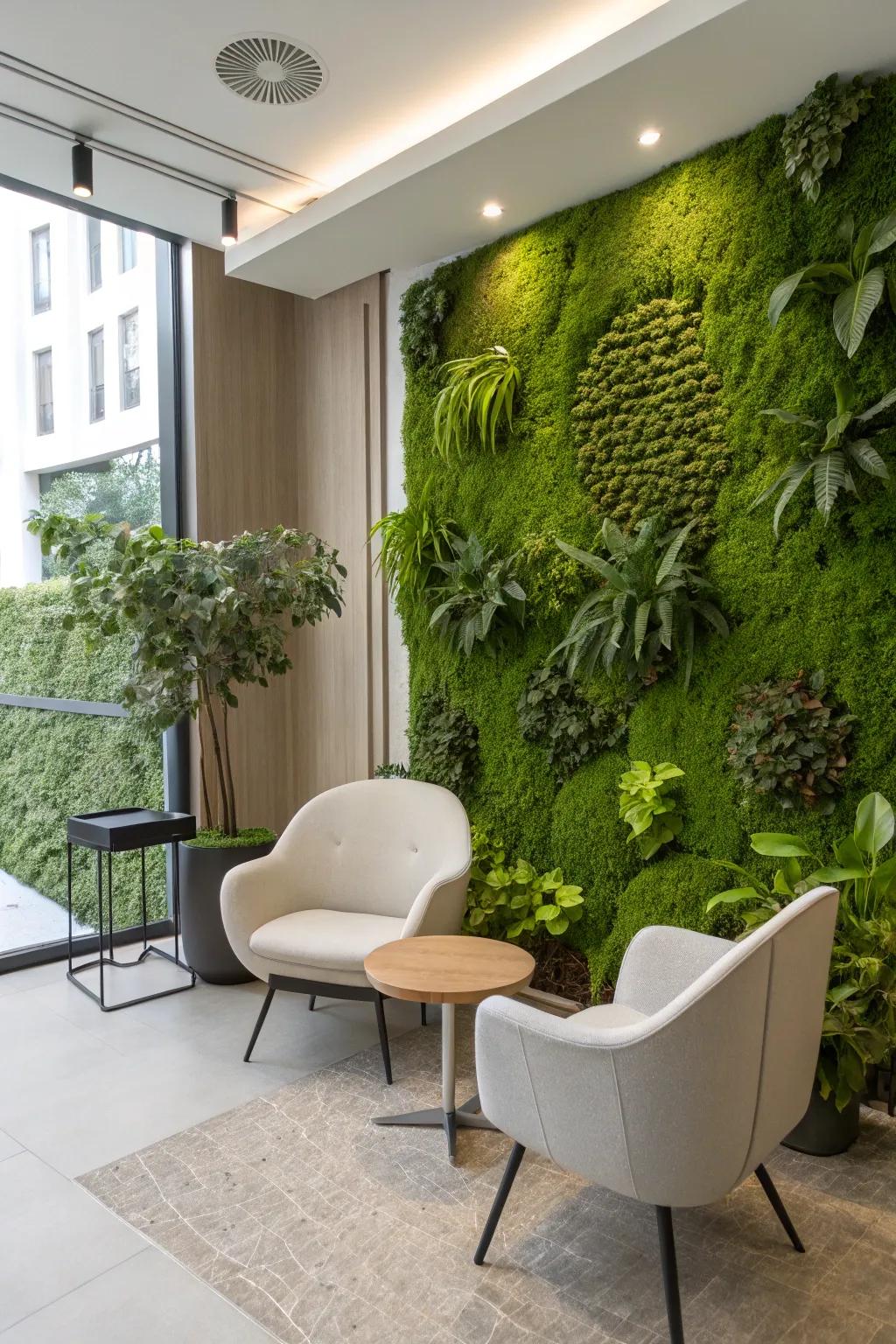 A vegetation wall offers a tranquil, organic setting.