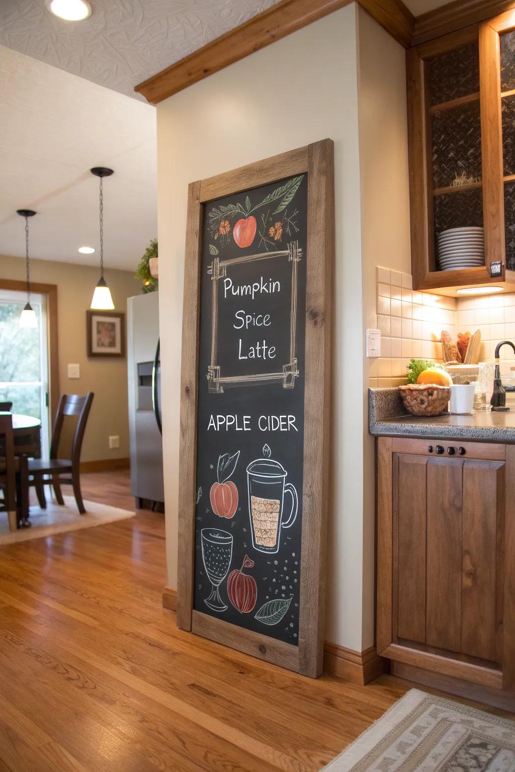 An inviting coffee corner featuring a chalkboard menu presenting fall-inspired drinks.