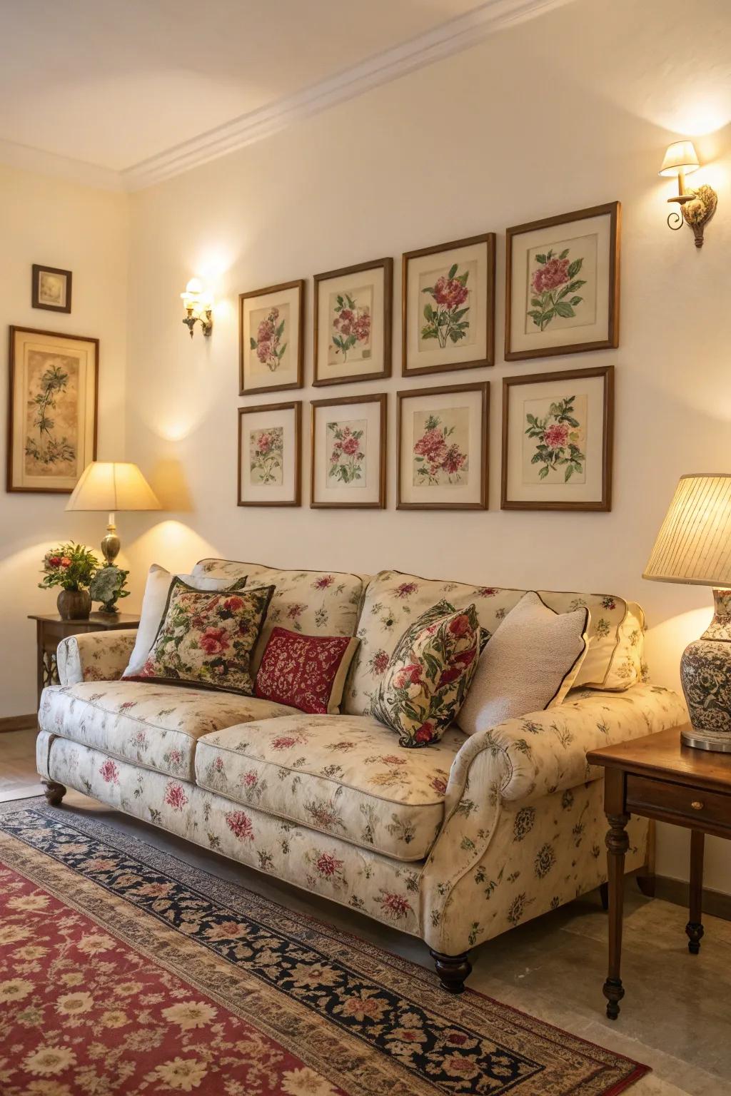Flower patterns introduce a lively, organic touch to the design.