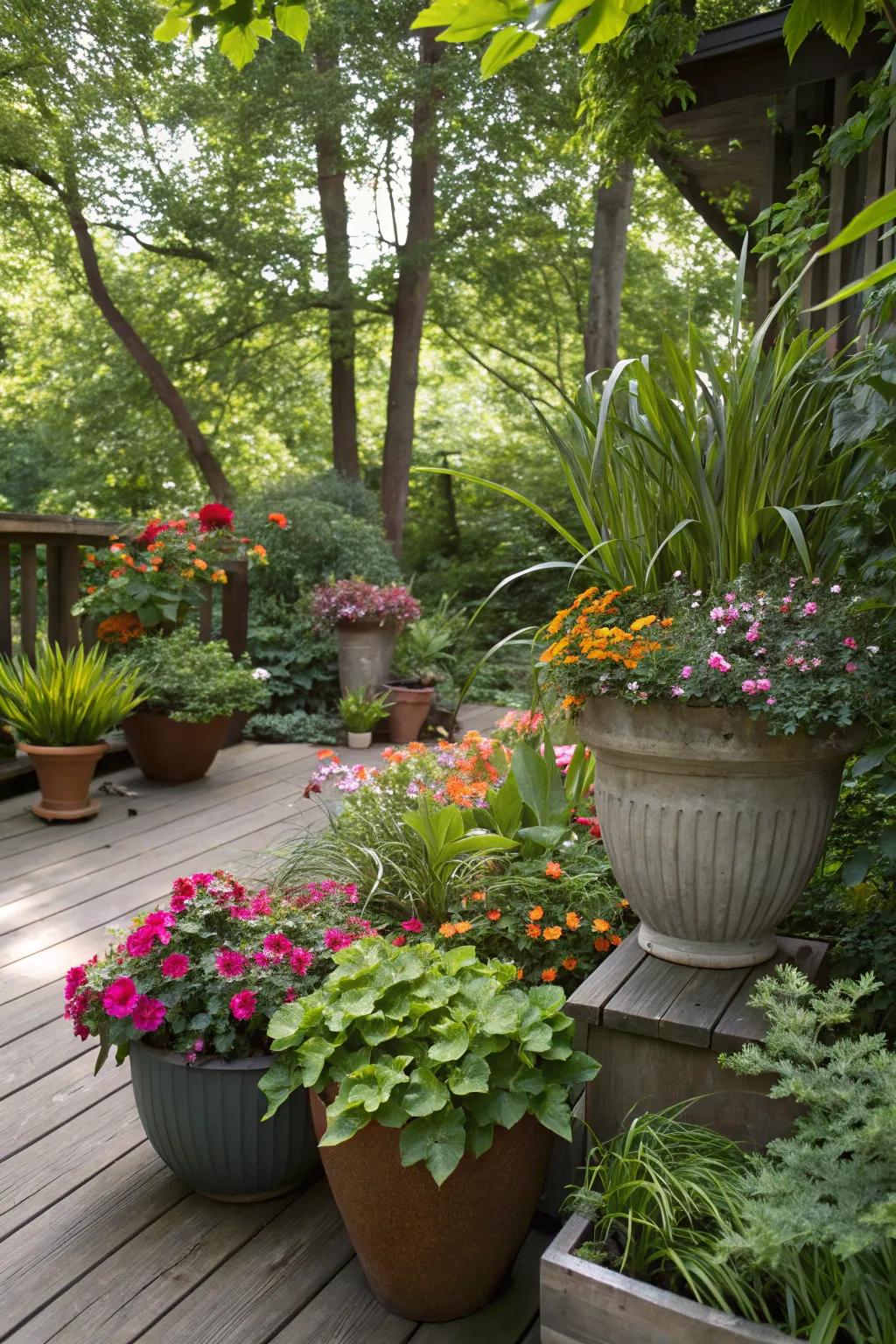 Vessels adding stature and hue to a sheltered garden.