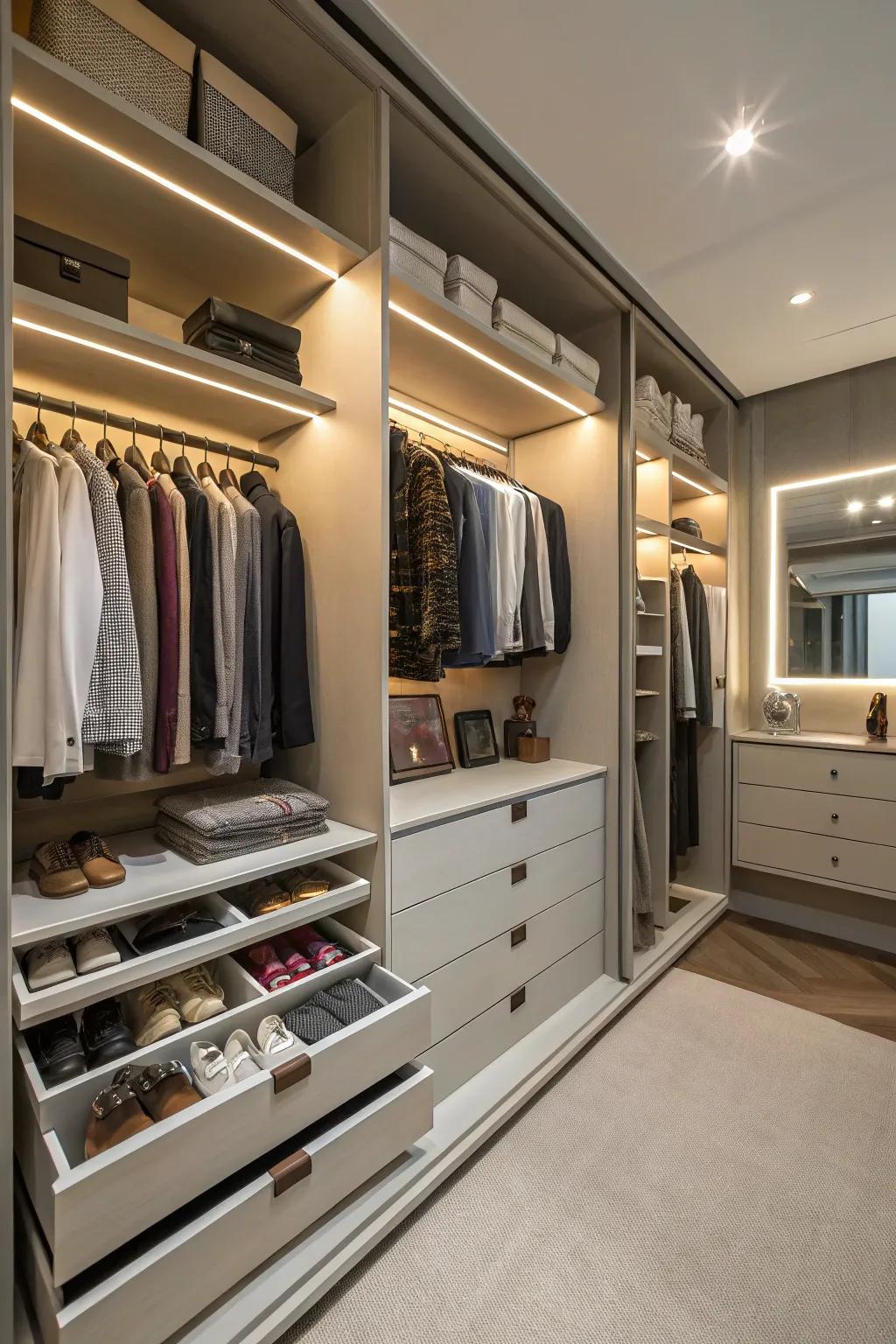 A closet fitted with smooth drawer systems for a refined aesthetic.
