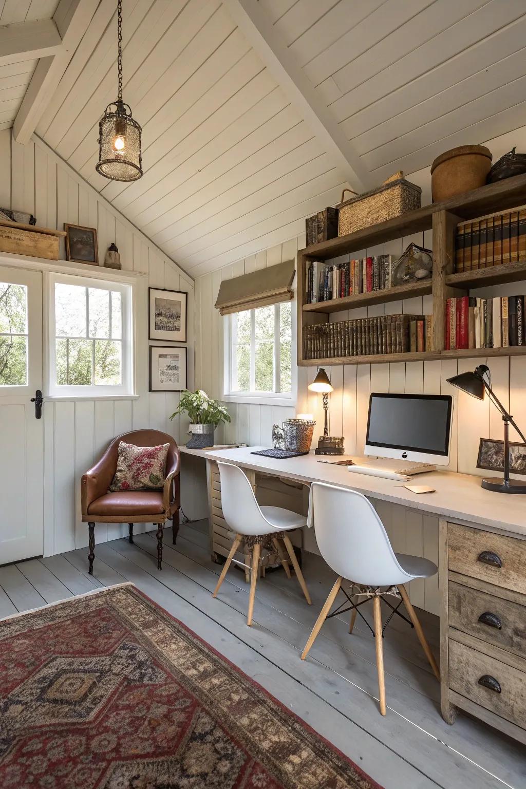 Design a functional home office in your she shed by blending modern and vintage decor.