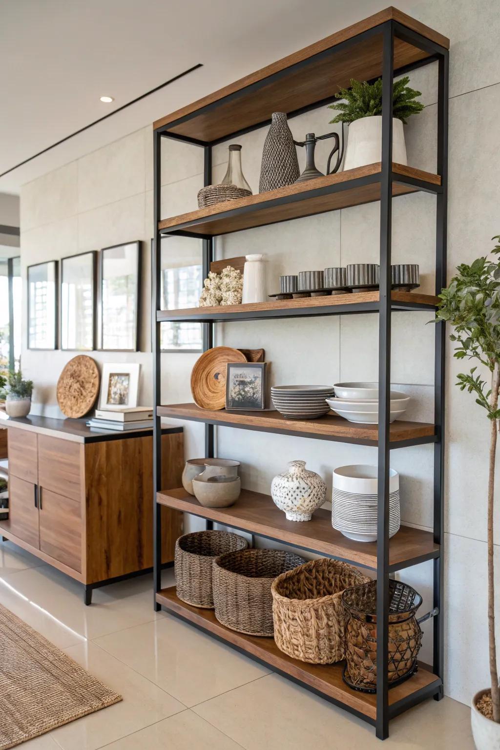 A harmonious fusion of elements contributes visual allure to shelves.