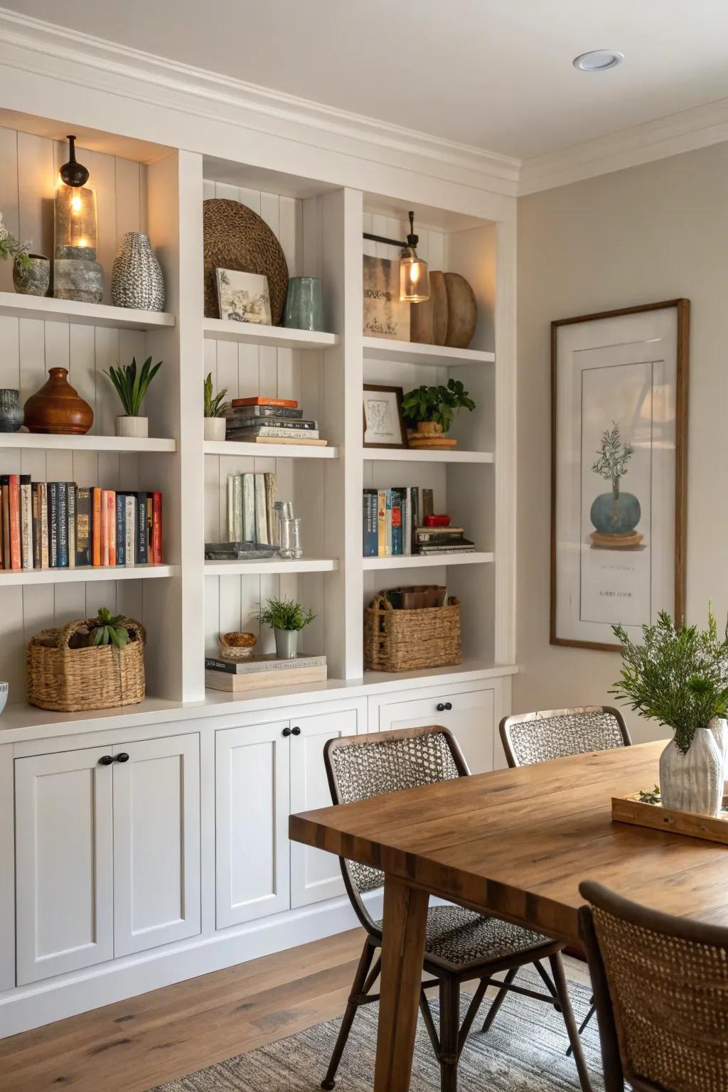 Inset shelving offers a sleek and refined storage solution.