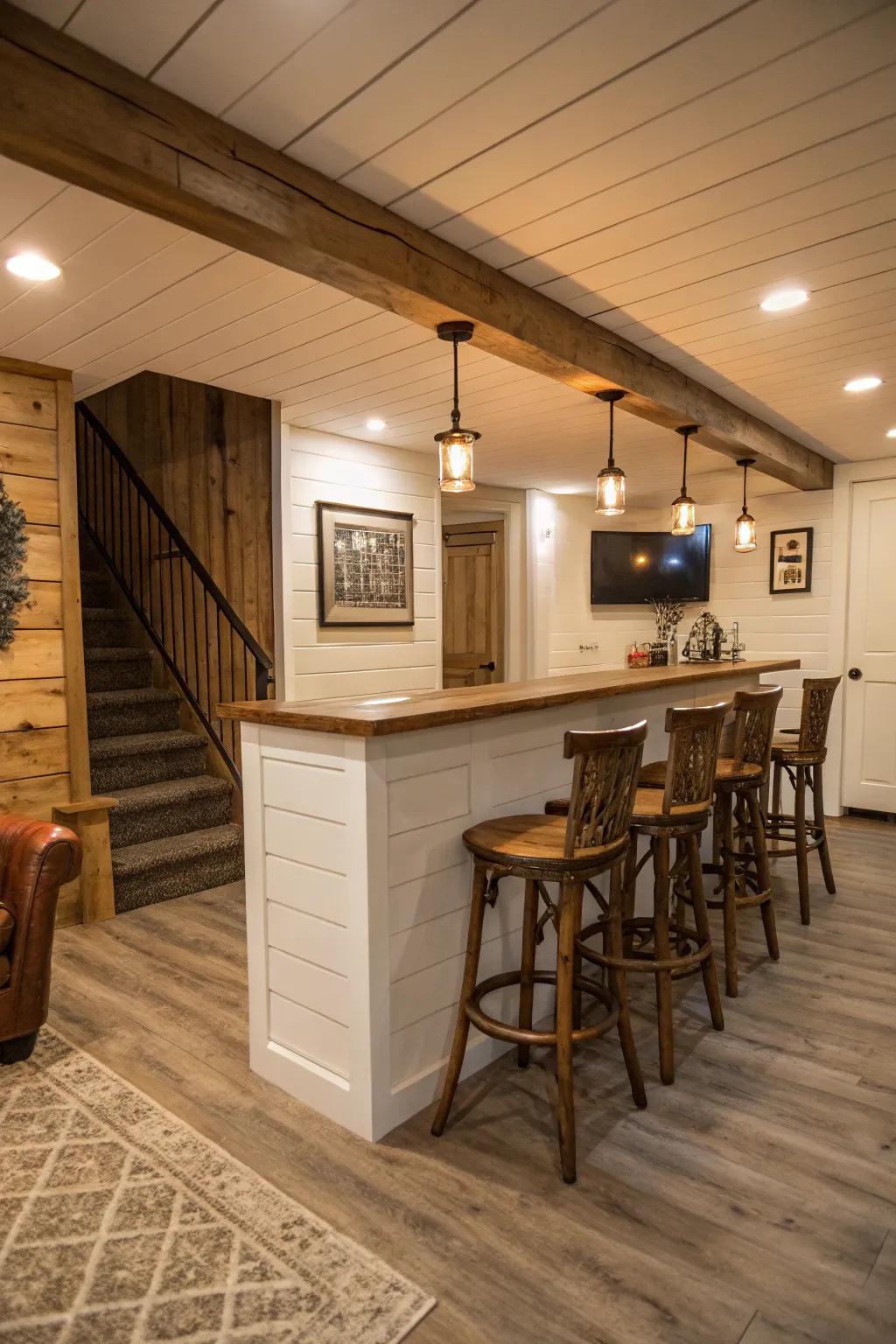 An enchanting bar space elevated by shiplap.