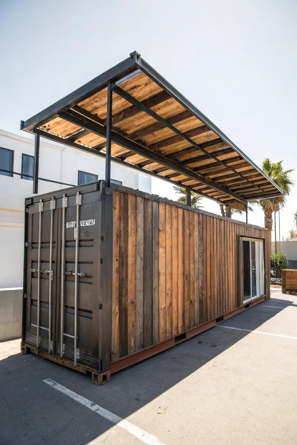 Innovative use of materials for a distinctive container roof.