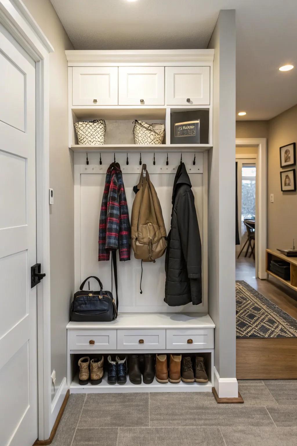 A versatile footwear cabinet equipped with hooks for enhanced organization.